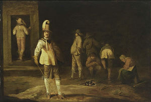 Soldiers and peasants gathered around a fire in a barn