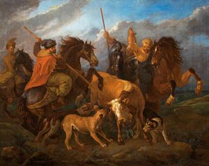 Reiter und Hunde Jagd ein Bull