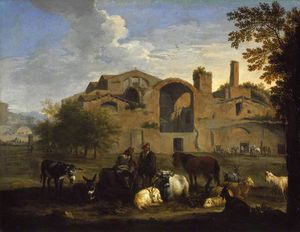 Paesaggio con pastori e animali di fronte alle Terme di Diocleziano, Roma