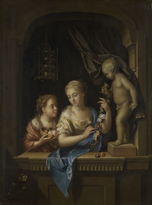 Twee meisjes met bloemen bij een beeld van Cupido