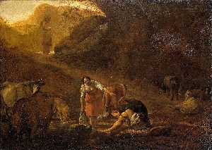 A shepherd and laundresses at source