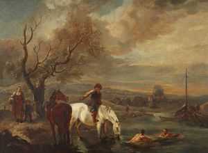 Country Scene with a Man on Horseback and Bathers