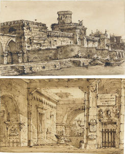 A courtyard with walls bearing plaques, busts and other motifs, and a crenellated fort with a canal in the foreground