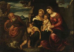 santo famiglia con lestensione infant san john battista e san Catherine
