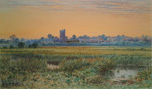 Sunset over River and Village