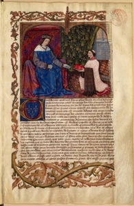Charles de Saint-Gelais presenting his book to Charles de Valois. Miniature Plan of princes
