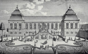 Perspectiva de la construcción de jardín, incluyendo un conjunto con todo tipo de estatuas escaleras musicales
