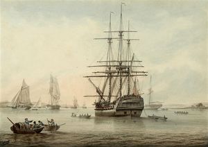A British frigate at anchor with other shipping in the distance