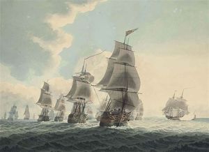 A squadron of the Royal Navy running down the channel