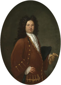 Portrait of a gentleman, half length, wearing a maroon coat and holding a glove