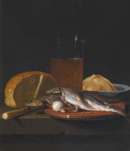 Still life with mackerel, bread, a pewter plate and a glass of beer on a table