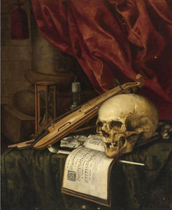 Un Vanitas todavía la vida con un cráneo, un violín, una partitura musical, una pipa y tabaco, un reloj de arena y una vela sobre una mesa cubierta