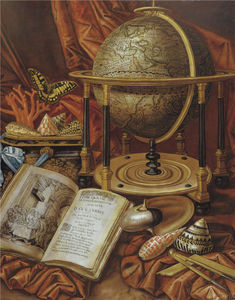 Still life with a globe, books, shells and corals resting on a stone ledge