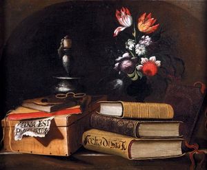 Still life with candle, book and vase of flowers on a stone ledge