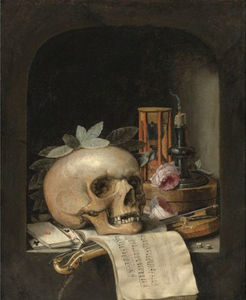 Vanitas still life with a wreathed skull, a Pochette violin and bow