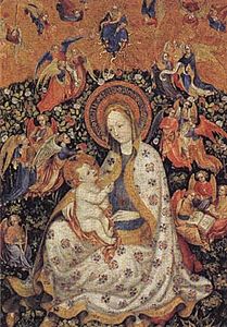 The Virgin and Child with Angels in a Garden with a Rose Hedge