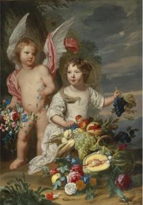 Двойной портрет девушки и девушка, как Амур и Цереры рядом с жизни Stil фруктов и цветов