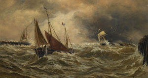 Shipping in a storm off calais harbour