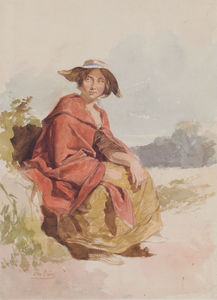 Seated with red cape in landscape