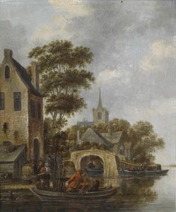 River landscape with a ferry, with signature remains