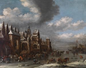Winter landscape with horses, sleighs and skaters in front of a fortified town,