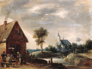 Boors playing at cards outside an inn, a church by a river beyond