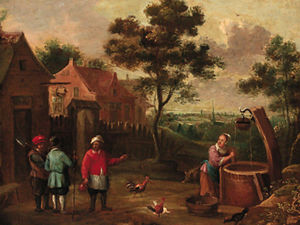 Peasants conversing on a track by a well in a village