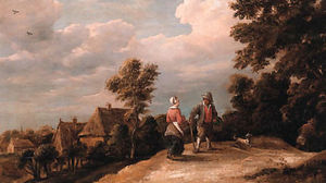 Peasants returning from market on a sandy path by a village