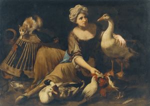 A girl feeding cockerels, beside them a cat on a basket, a goose, a duck and other birds