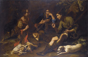 Boys pausing from a hunt and playing at odds in a forest clearing