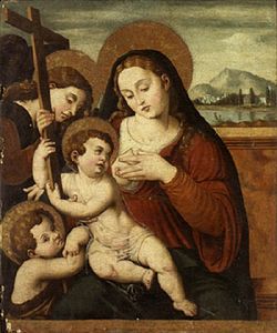 La Virgen y el Niño con el Niño San Juan Bautista y un ángel adoración