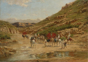 An algerian caravan crossing a riverbed