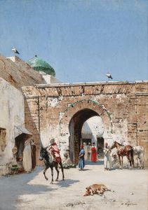 Horseman at the door of a north-african town