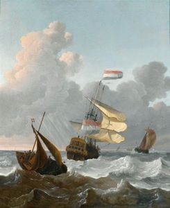 Man of War and smaller ships in rough seas