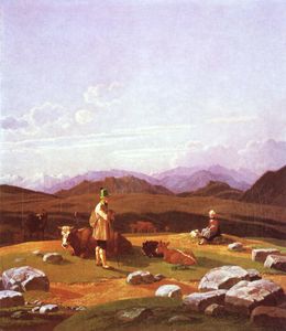 Hunters in mountain landscape