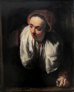 Elderly woman at her window in the Palais des Beaux-Arts in Lille.