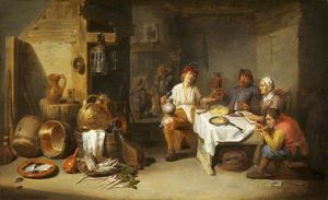 Eine arme Gesellschaft an einem Tisch in einer rustikalen Küche (Le petit chaudron)