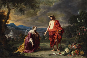 Jesus as a gardener before kneeling Mary Magdalene.