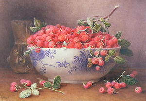 Still Life of Raspberries in a Blue and White Bowl