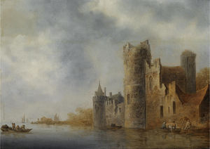 A river landscape with a ruined castle and men casting a net from a rowing boat
