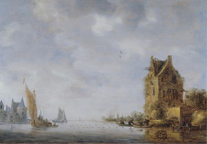 A river landscape with barges and smalschips, a fortified town in the distance