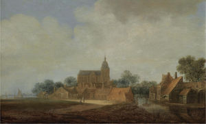 A view of a dutch village with a church, figures conversing on a path, shipping nearby