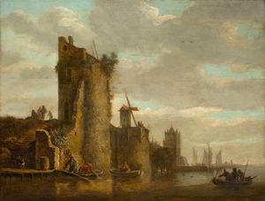 City wall with bastions, windmill and a jetty on a river