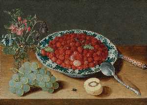 A Still Life with Strawberries in a Wan li Porcelain Bowl, a Bunch of Grapes, a Glass Vase with Columbines and Eglantine, a Silver Spoon, An Inlaid Knife and a half Peach with a Fly and Dragon Fly on a Wooden Table Top