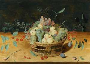 Still Life of Fruit in a Basket on a Ledge