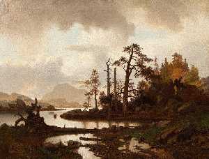 Norvégien Skogslandskap med innsjø Forêt paysage avec lac