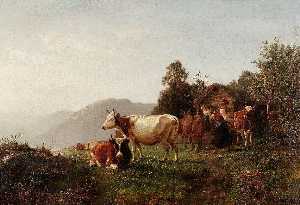 ノルウェーの Sommerlandskap メッド クウェー 夏 風景 と一緒に 牛