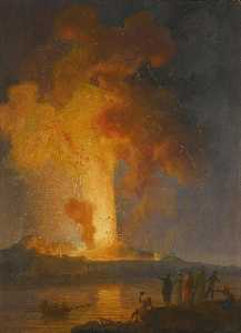 Vesuv eruptiert in der nacht mit zuschauern im vordergrund