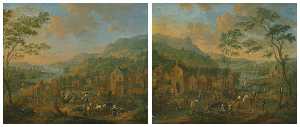 Two scenes of a village on the banks of a river