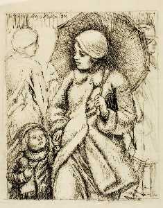 Woman with Umbrella and Child